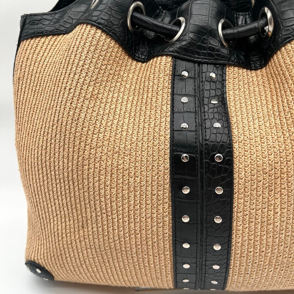 Paper Straw, Faux Leather & Studded Shoulder Bag - Picture 10 of 11